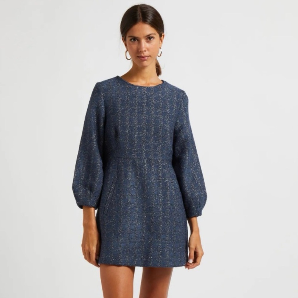 Anthropologie See U Soon Blue Metallic Tweed Mini Dress Puff Sleeve NWT Size S